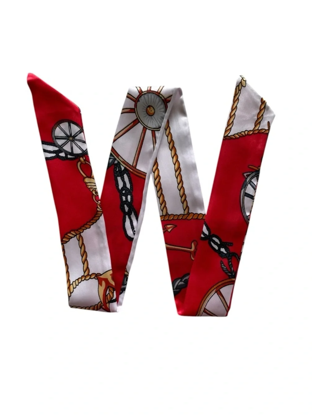 Red and White Bag Scarf with Chain & Wheel Motif